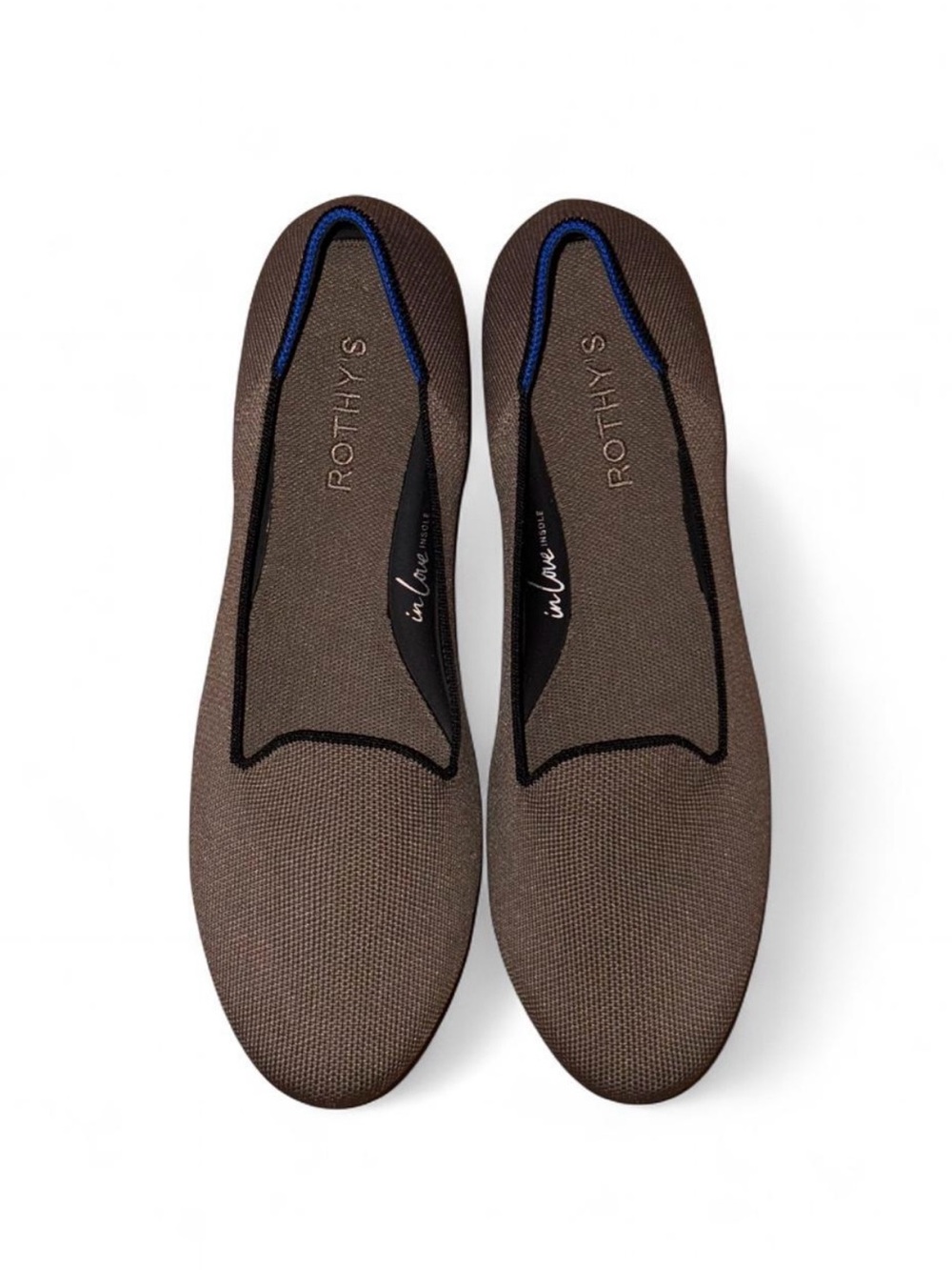 Rothy's Brown Flats with Black Trim and Blue Heel Accent